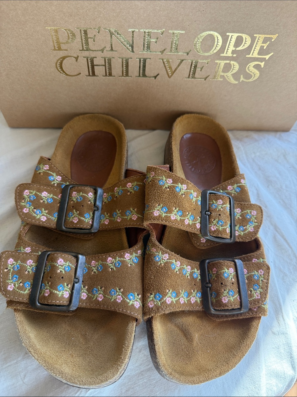 Penelope Chilvers Kids Brown Suede Embroidered Double-Strap Sandals